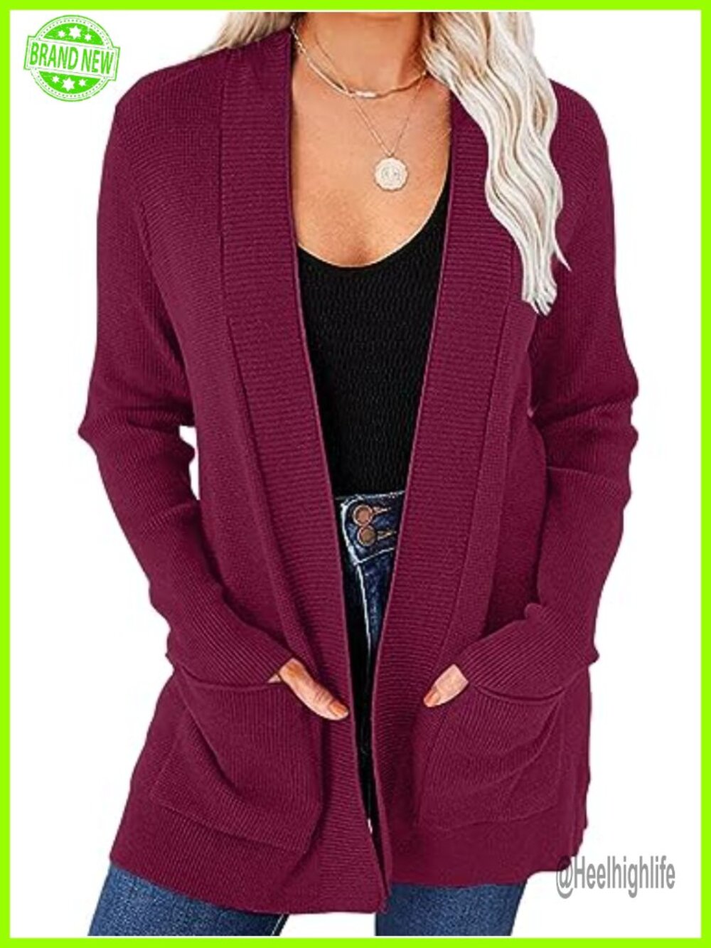 Waffle Knit Open Front Cardigan Sweater with Pockets Long Sleeve